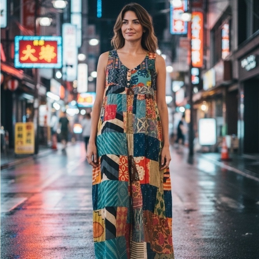 POL Women Multicolor Patchwork Wide Leg Jumpsuit Size M Boho Mixed Print